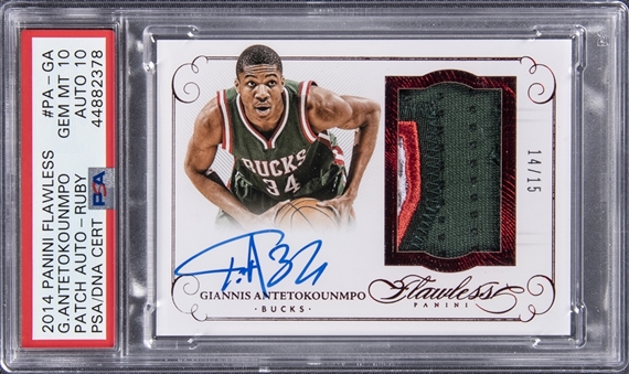 2014-15 Panini Flawless Basketball Ruby Patch Autographs #PA-GA Giannis Antetokounmpo Signed Card (#14/15) - PSA GEM MT 10, PSA/DNA 10 